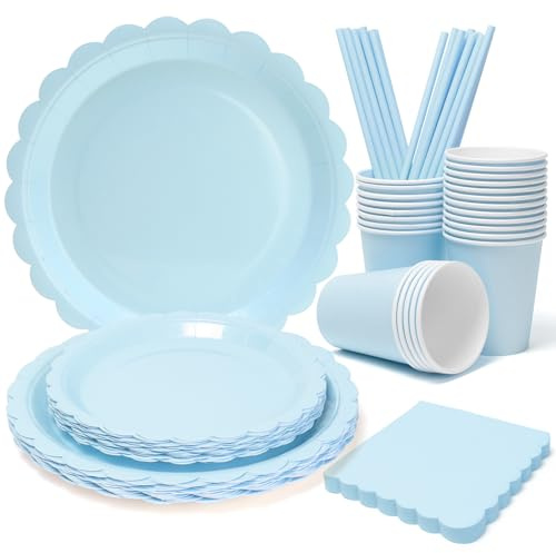 UVTQSSP 125PCS Party Plates and Cups and Napkins Sets, Light Blue Scalloped Pastel Paper Plates and Napkins Party Supplies for Baby Shower, Birthday, Disposable Tableware Sets, Serve for 25 Guests