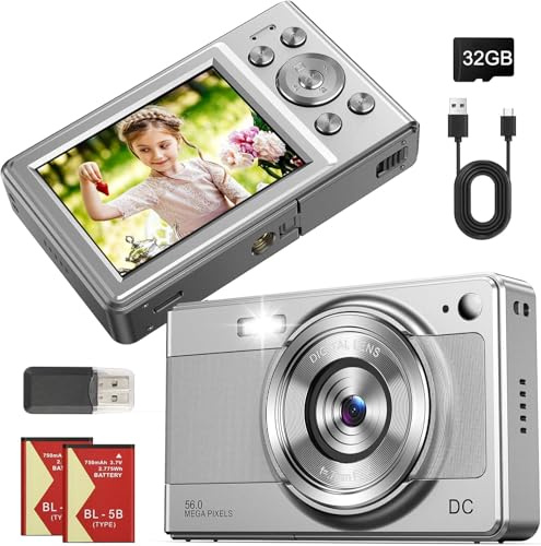 Fotocamera Digitale per Bambini e Principianti, 56MP FHD 1080P con Autofocus, Mini Macchina Fotografica Vintage con Scheda 32GB, Zoom 16X, 2 Batterie & Anti-Shake per Teenager (Argento)