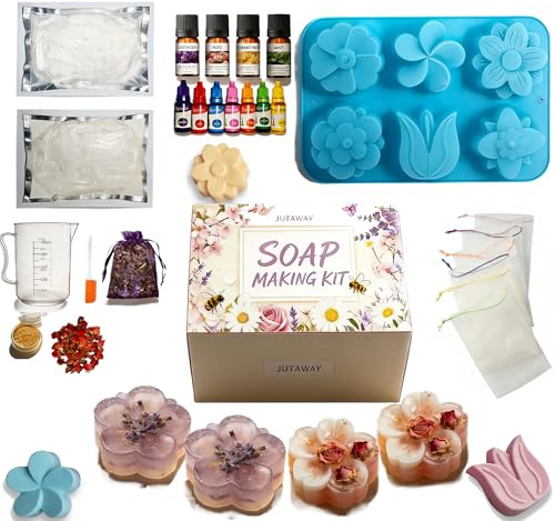 Seife Selber Machen Set Erwachsene - 500g Seifenbasis zum Basteln Erwachsene Frauen, 6 Silikonformen, 7 Pigmente, 4 ätherische Öle, 2 Arten getrocknete Blumen & DIY, Seife Herstellen, Geschenk - Blau
