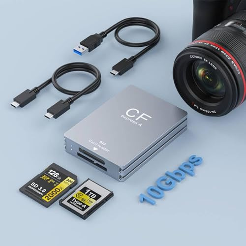 Lector de Tarjetas CFexpress Tipo A y SD, Doble Ranura USB 3.2 Gen 2 10 Gbps, Velocidad de Transferencia Ultra CFexpress con Cable USB C a USB C/USB A, Adaptador de Tarjeta CFexpress Tipo A para