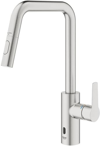 GROHE Start QuickFix Mitigeur monocommande Evier pour cuisine Hybride 2-en-1 ouverture manuelle et fonctionnement sans contact (Bec Haut, Rotation 150°), Supersteel, 101243DC00