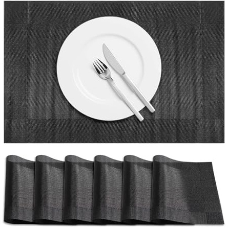 Terafeels 6er-Set Platzsets Abwaschbar – Tischsets Abwaschbar, Platzdeckchen Hitzebeständig, rutschfest Teller Untersetzer für Esstisch (Schwarz)
