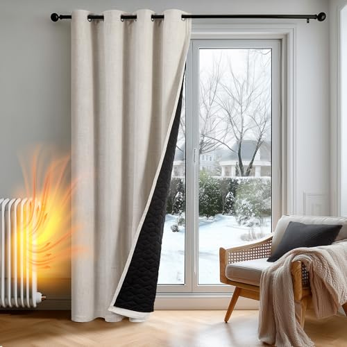 Deconovo Door Curtain Thermal Blackout Curtain Eyelet with Thick Microfiber Liner，Faux Linen Windproof Noise Reducing Drape for Bedroom, 52 x 72 Inch(Width x Length), Flax Linen, 1 Panel