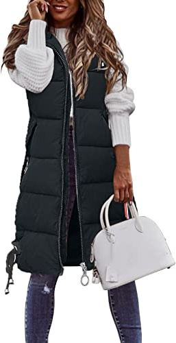 Generisch Steppweste Damen Lang, Ärmellose Weste mit Kapuze Steppmantel Warmer Wintermantel Reissverschluss Longweste mit Taschen Daunenweste Leichte Elegante Vest für Herbst und Winter, M-4XL