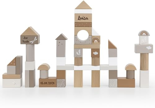 Mainely Personalisierbare Holz-Bausteine 50-teilig (Nougat) – zur Taufe – fördert Feinmotorik & Kreativität – für Kinder ab 2 Jahren – personalisiert mit Namen & Taufdatum – Label Label