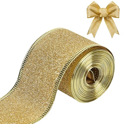 SSKHE Nastro natalizio dorato da 10 m, nastro natalizio per albero di Natale, confezioni regalo, fiocchi, decorazione per feste di carnevale