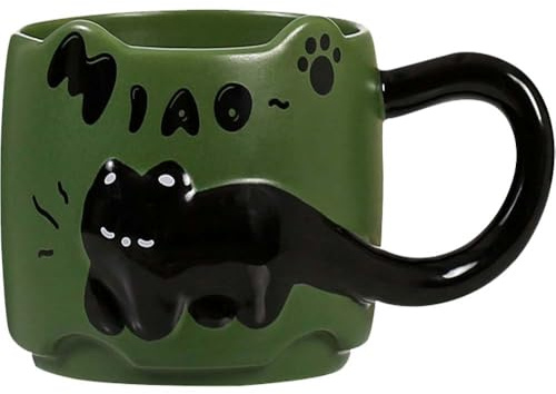 ZONSUSE Tazza Gatto Nera Carina, Tazza da Caffè con Gattino 3D, con Manico a Forma di Coda, Mug Divertente con Animali, Regalos Originales per Donna Amici Bambini 350ml (Gatto Nera-Verde)