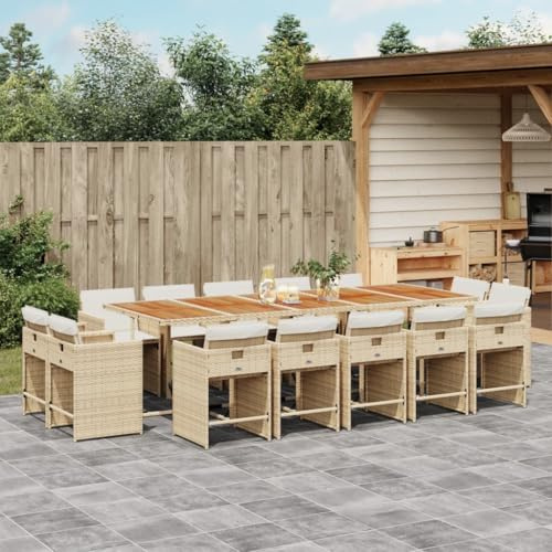 QJBSAVVA 15tlg Gartenmöbel Set Beige Polyrattan Balkonmöbel mit Akazientisch 275x106x73 cm stapelbare Stühle klappbare Rückenlehne UV-beständig für Terrasse Balkon Camping