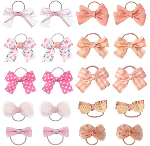 Elastici Capelli Bambina 20 Pezzi Set Cerchietti con Fiocco Rosa, Pois e Pizzo, Accessori per Capelli Ragazze, Parure Completa per Acconciature Bambina