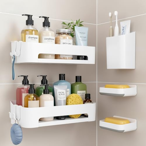 Adiwo 5 Stück Duschablage ohne Bohren, Ostfreie Badezimmer Organizer, Selbstklebend Duschregal mit Abnehmbaren Haken, Shampoo Duschgel Halterung für Dusche, Badezimmer Zubehör, Weiß