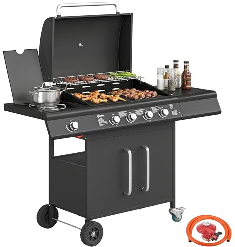 Outsunny 4+1 Burner Gas BBQ Grill with Storage Cabinet, 15.2 kW Gas Barbecue Trolley with Side Table, 4 Wheels, Warming Rack, Thermometer, Lid, Grease Tray for Outdoor Cooking Garden Party, Black