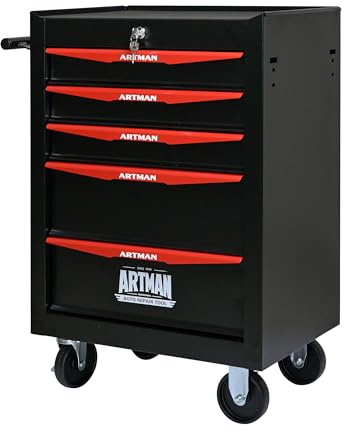 Furniwood 5 Drawers Rolling Tool Box, Tool Cart with 7 Tool Storage Boxes, Multifunctional Tool Chest with Wheels, Lockable Tool Trolley Organizer for Garage Workshop Warehouse Repair Shop, Black+Red