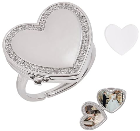 CONCHLERY Anillo con medallón ajustable en forma de corazón con imagen en el interior grabado, mini anillo de marco de fotos para mujeres, mamá, cumpleaños, aniversario, San Valentín, recuerdos, Metal