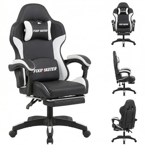 Fiximaster Bürostuhl Ergonomisch mit Fußstütze, Schreibtischstuhl, Racing-Design, Lenden- und Kopfstütze, PU-Kunstleder, Gaming Stuhl, Büro Stuhl, Computerstuhl, Neigbar bis 135°, Schwarz, 150KG