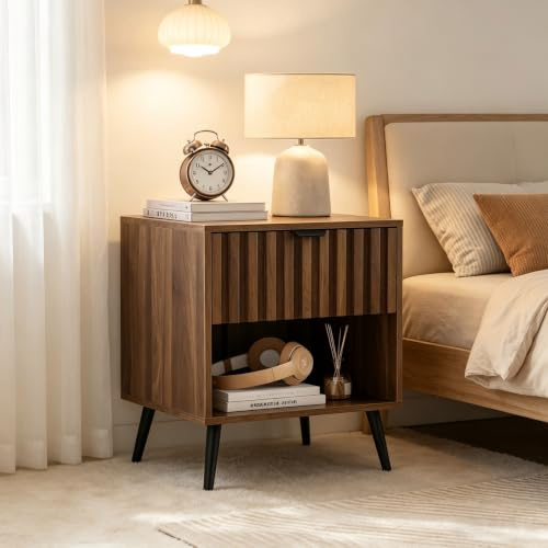Calivra Mesita de noche de nogal, 45 x 40 x 53 cm, cómoda de noche con 1 cajón y compartimento abierto, mesa auxiliar con patas de metal para dormitorio, salón y pasillo