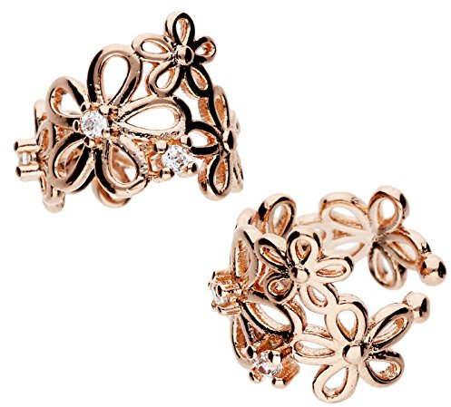 MYA konst dam falsk piercing i 925 silver roséguld förgylld med zirkonia blomma öronklämma öronmuff örhängen kreoler 2 set roséguld MYASIOHR-23, Sterlingsilver, Kubisk zirkonia