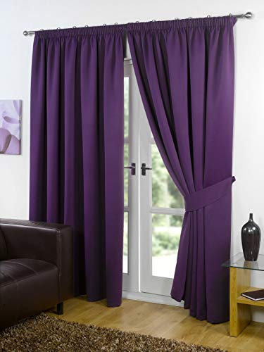 RAYYAN LINEN Thermal Pencil Pleat Blackout Tape Top Pair of Curtains With Free Tiebacks (66 X 54, Aubergine (Purple))