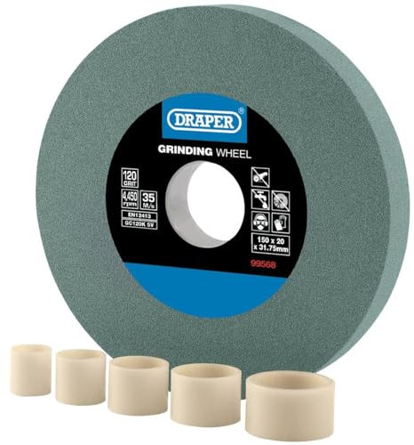 Draper Mola da banco da 150 mm x 20 mm, affilatrice per utensili TCT grana 120, 5 anelli di riduzione, taglio a secco, foro da 31,75 mm, 99568