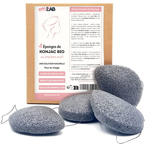 Organic Konjac Face Sponge with Activated Carbon | Set of 4 Teardrop Sponges | Natural Plant Cleansing Sponge