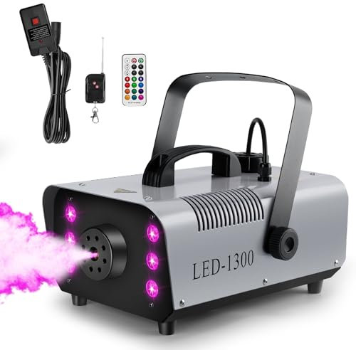 Katomi Machine à fumée 1300 avec effet RVB, 13 couleurs, 6 LED, mini fumée, avec 2 télécommandes filaires et sans fil pour DJ, discothèque, Halloween, mariages, Noël