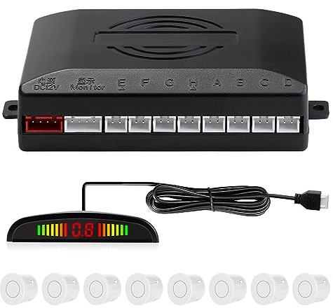 Assistenza al parcheggio con 8 sensori anteriori e posteriori con segnalatore acustico e display LED (8 sensori, bianco)