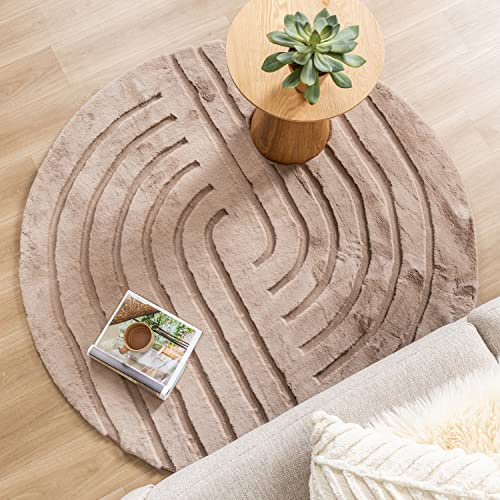 FRAAI | Home & Living Hochflor Teppich Rund - Carvy Curves Taupe - Boho, Modern, Skandinavisch - Wohnzimmer, Esszimmer, Kinderzimmer, Schlafzimmer, Babyzimmer - Fellteppich - Carpet