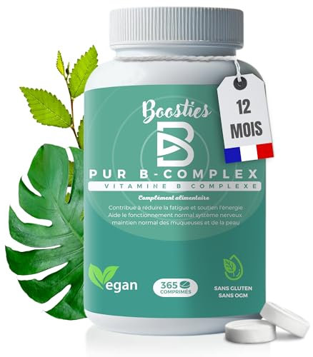 VITAMINE B COMPLEX extra fort, avec toutes les vitamine B (B1 B2 B3 B5 B6 B8 (Biotine) B9 (Acide folique) et B12), 365 comprimés, anti-fatigue, et stress, vitalité et immunité, Végane, Boosties.