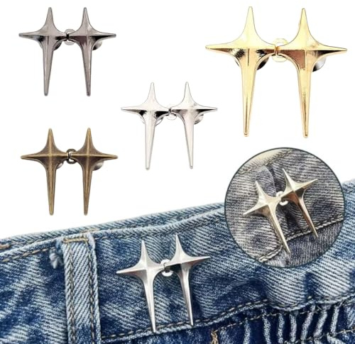 4 Pairs Star-Shaped Tighten Waist Button Pins - No Sew Pant Tightener for Jeans, Skirts and Trousers