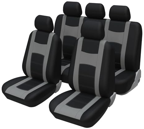 EvshBea 9 Stück Universal Autositzbezüge, Sitzbezüge Auto Für 5 Sitzer, Autositzauflage Set Seiten-Airbag-kompatibel, Waschbar, Leicht Anzubringen, Auto-Zubehör Innenraum (Grau)