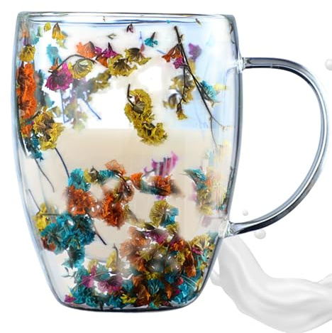 Getrocknete Blumen Glas Teetasse, 350ml Glas Teetassen Doppelwandige Isolierte Kaffeetassen Mundgeblasen Isoliert Für Espresso Cappuccino, Teegläser Kaffeegläser Latte Macchiato Tassen, Schwebeeffekt