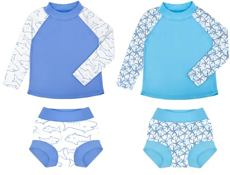 BIG ELEPHANT 2 uppsättningar Rashguard-simblöjor set för unisex baby, långärmad baddräkt UPF 50+ med UV-skydd, Sjöstjärna/haj, 12-24 Månader