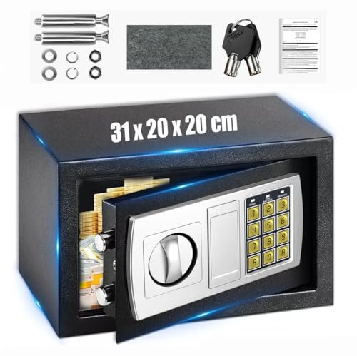 Coffre fort à code numérique 8.5L, clé Coffre fort électronique pour meubles, 2 modes d'ouverture, ignifuge et étanche Petit Mini coffre fort domestique pour argent bijoux documents (31x20x20cm, noir)