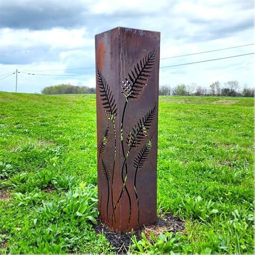 Fern with Stem Garden Columns - Decor - Metal Garden Sculpture - Well Cover - Furniture and Decor - Utility Box Cover (48 x 11 x 11 inches NO LID)