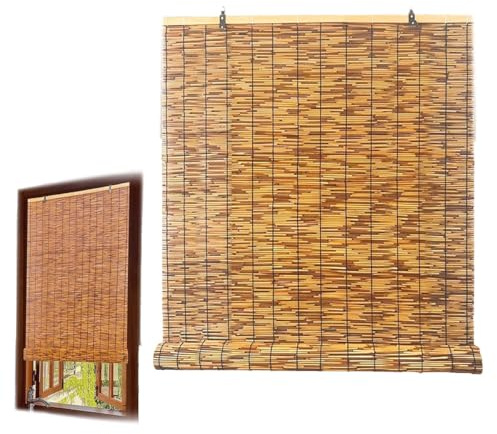 Retro Bamboo Roller Blinds 100-150cm Wide UV Protection Outdoor Sunshade With Lifting Device Privacy Curtains Waterproof Kitchen Roman Blinds Blackout Bamboo Blinds(110x170cm)
