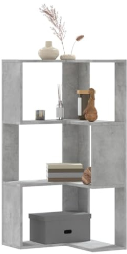 QUAHEAS Eckregal Bücherregal mit 3 Böden, Betongrau, 50x50x102 cm, Holzwerkstoff, Standregal für Wohnzimmer, Schlafzimmer, Büro