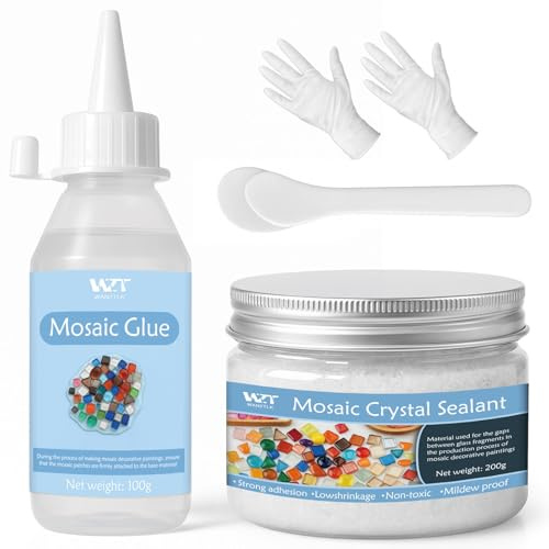 WAN2TLK Mosaikpysselset, mosaiklim och fogmassa, applikator, handskar, för mosaikplattor, glas, underläggkonst, heminredning (vit fogmassa)