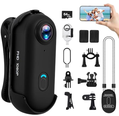 Caméra d'action 4K, 64 Go, mini caméra embarquée, caméra embarquée, caméra d'action WiFi, caméra corporelle, caméra de sport, caméra de sport avec magnétique et pince à 360° pour le cyclisme, le surf