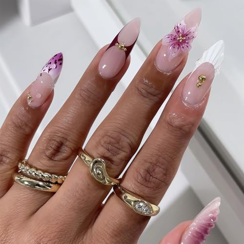 Auroriel 24 Pcs Purple Medium Almond-Shaped 3D Flower Press On Nails French Tip Handcrafted with Shell Dots Decor Gloss Full Coverage for Women Girls Vacation Festival