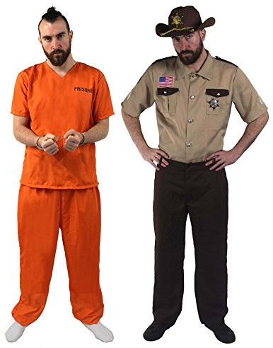 I LOVE FANCY DRESS Sheriff +STRÄFLINGS Paare KOSTÜM VERKLEIDUNG=Freunde Karneval Theme=Fasching-Karneval Halloween JUNGGESELLENABSCHIED = GEFANGENER-XXLarge+Sheriff-SMALL