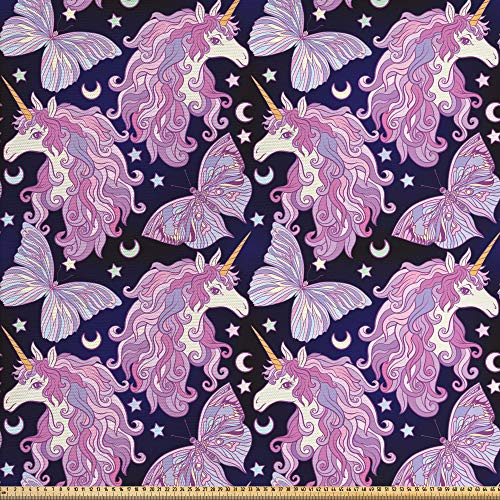 ABAKUHAUS Einhorn Stoff als Meterware, Schmetterling Sterne Monde, Qualitäts Stoff Dekorativer Polster Heimtextilienstoff, 2M (148x200cm), Schwarz Lila
