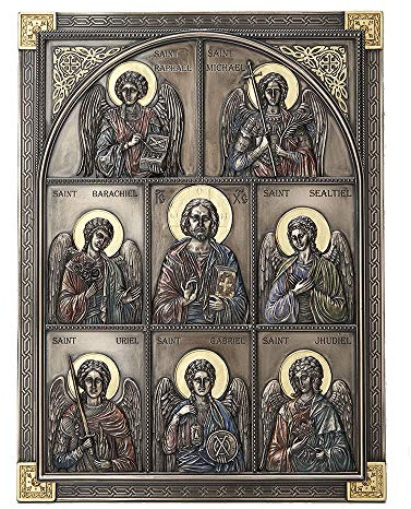 Veronese Design Wandskulptur Jesus und die Sieben Erzengel, klassischer Stil, Antik-Bronze-Finish, 31 cm