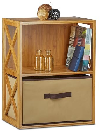 Relaxdays Regal Bambus mit Korb, 2, 3 und 4 Ablagen, Holz Standregal, Badregal, Faltbox, HxBxT: 42 x 29 cm, Natur braun