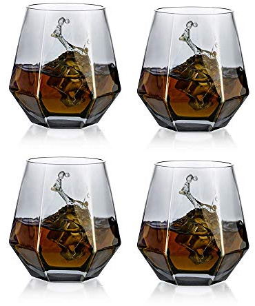 Glasseam 300Ml Schwarz Diamond Whisky Glasses: 4er-Set Gekipptes Whiskyglas | Bleifreies Glas, Für Männer, Frauen, Papa, Ehemann, Freunde, Glaswaren Für Bourbon, Rum, Scotchglas, Bar Tumbler