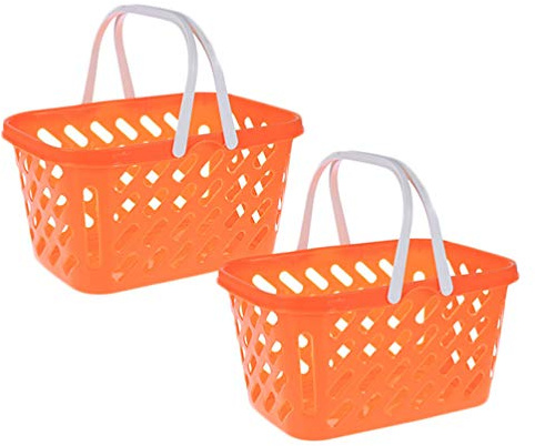 NUOBESTY Pretend Play Toy Shopping Basket 2 Pack - Orange Plastic Grocery Baskets with Handles for Toddlers, Mini Market Kitchen Accessories & Play Food Storage