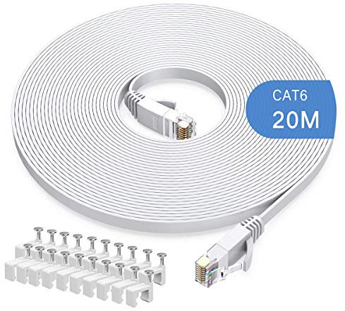 Gulaey 20m Cat6 Ethernet Cable, Long Internet Cables High-Speed Patch Cord Flat Design 1Gbps for 250Mhz/s UTP for Console, PS3, PS4, PS5, Switch, Router, Modem, Patch Panel, PC, TV, Home Office