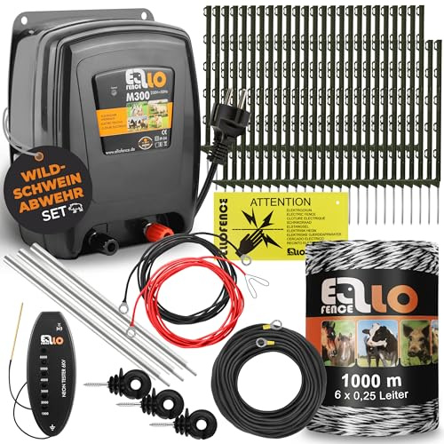 Ellofence Wildschweinabwehr Set 250m | Wildschweinschutz durch Stormzaun | ALL-IN-ONE Set | Starkes 230V Weidezaungerät, 1000 Litze, 40 Pfähle, 50 Ringisolatoren, Erdung, LED Prüfer & Warnschild