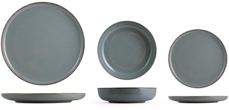 H&H - Servizio Piatti 12 Pezzi Pearl in Porcellana Azzurro – Elegante con Bordo Invecchiato – 4 Piatti Piani, 4 Fondi, 4 da Frutta – Lavabile in Lavastoviglie e Microonde
