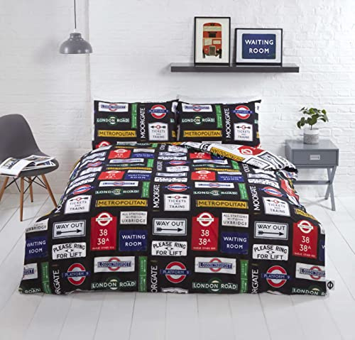 Rapport Home TFL (Transport for London) Signs Bettbezug-Set, Mehrfarbig, Doppelbett | Kultiges London-Transportschild-Design. Wendebettwäsche Modernes mehrfarbiges Schlafzimmer-Dekor.