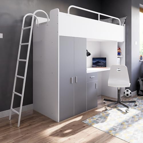Marlux-Meble Hochbett Kinderbett JSM-4 80x190 mit Kleiderschrank Schreibtisch und Leiter Matt Kinderbetten Funktionsbett Etagenbett Stockbett Kinderhochbett Jugendhochbett (Graphit Matt)