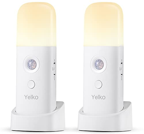 YELKO Motion Sensor Night Light, 2000mAh Rechargeable Night Lights Battery Powered, PortableＤimmable Nightlights with 5 Brightness Levels for Kids,Adults (Warm White 2Pack)